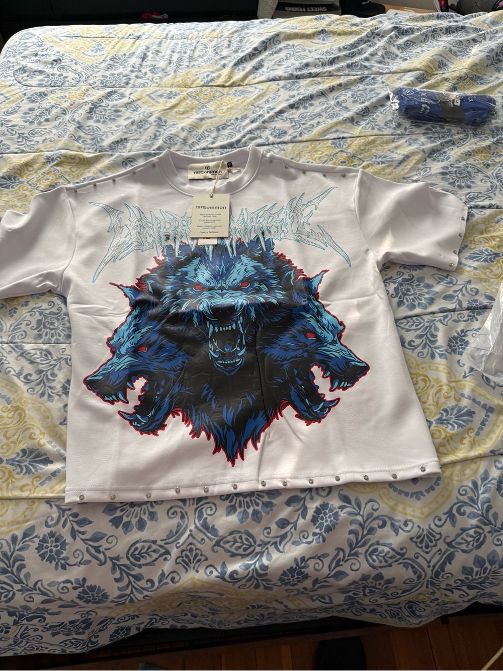 Rare Common White Graphic Wolf Tee with Stud Trim